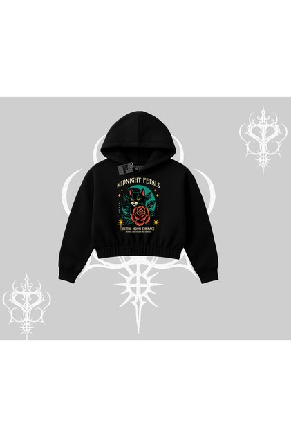 Midnight Petals Kedi Baskılı Kapşonlu Crop Sweatshirt