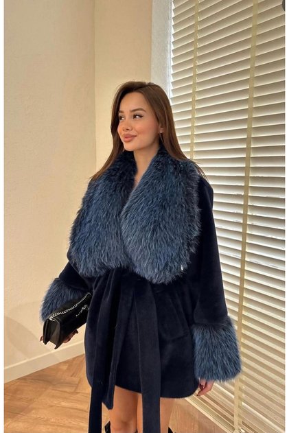 Women's Navy Blue Sleeve and Collar Fur Detailed Waist Tied Fur Textured Stretch Fabric Premium Coat