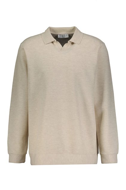 Regular Fit Polo Neck V-Patch Buttonless Dobby Beige Sweatshirt