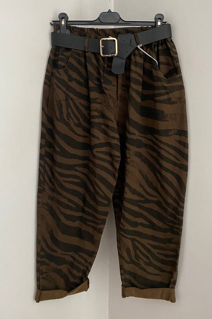 Women's Italian Brown Elastic Waist Belted Zebra Patterned Side Pocket Oversized Casual Trousers