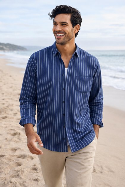 Navy Blue White Striped Men's Shirt Classic Fit, Single Pocket, Long Sleeve Cotton Shirt