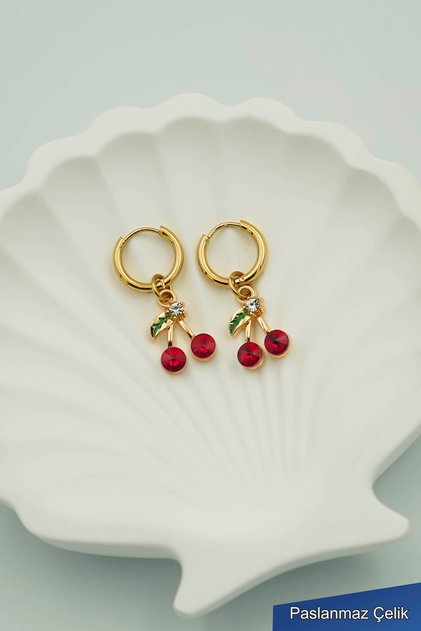 Women's Cherry Design Dangle Gold Color Elegant Steel Earrings