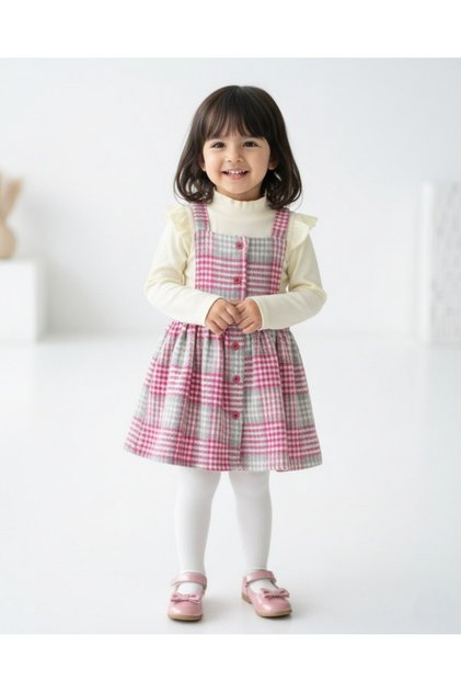 Girl's Plaid Patterned 2-3-4-5-6 Year Old Salopet Dress, Stylish 2-Piece Set with Badili