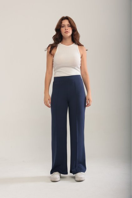 Women's Navy Blue Wide Leg Modal Fabric Leggings Pants Soft Texture Stylish Stretch Fabric Front Ruched