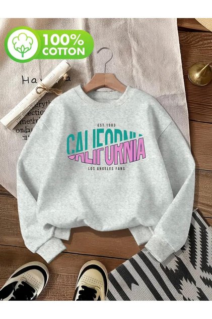 California Printed Crew Neck Fleece-Lined Plain Sweatshirt