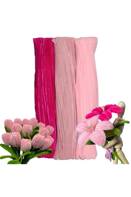 75 Pieces of 3-Pack Chenille Dusty Rose, Soft Pink and Fuchsia, Fuzzy Wire Suitable for Flower Making