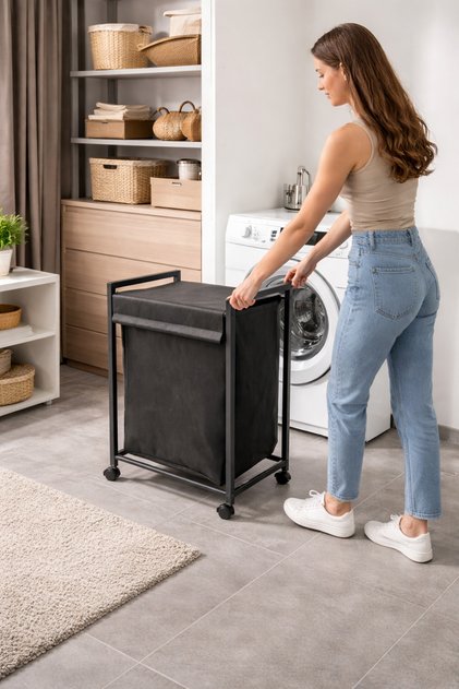 75 Litre Kapaklı Çamaşır Sepeti Kirli Sepeti Frenli Tekerlekli Metal Çamaşır Sepeti Çok Amaçlı Sepet