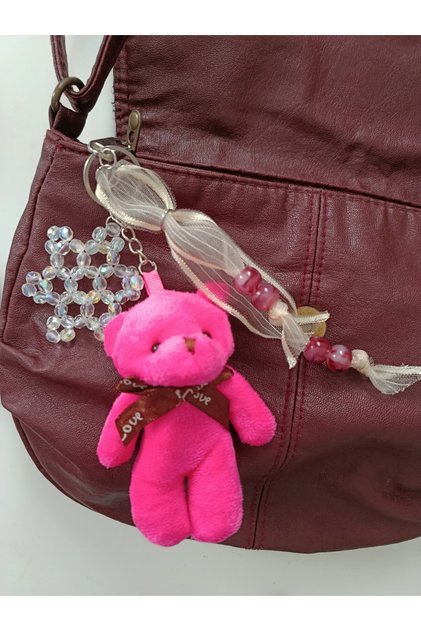 Candy Pink Cute Teddy Bear & Handmade Snowflake Design Bag Charm & Keychain