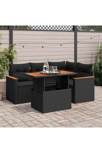 5 Piece Garden Sofa Set with Cushions Black Poly Rattan Acacia