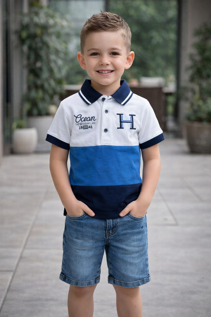 Boy's Polo Neck Printed T-Shirt with Denim Shorts 2-Piece Premium Set