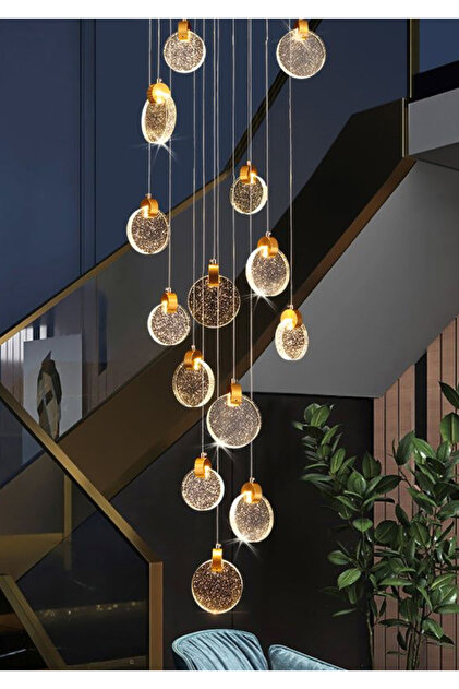 Lüks Exclusive Modern Avize Kristal Taşlı Sarkıt Led Avize 16'lı Gold Sarı Galeri Boşluğu Avize
