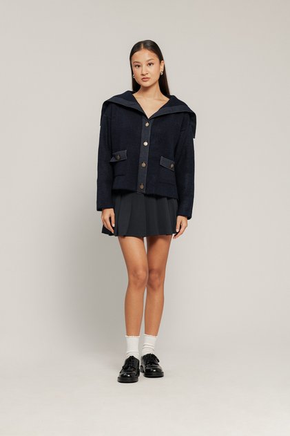 Mendeli Collar Jeans-Decorated Knitwear Cardigan