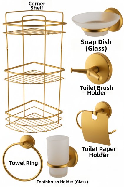 Bathroom Accessories Three-Tier Corner Paper Holder Towel Holder Soap Dish Brush Holder Robe Hook Gold Color