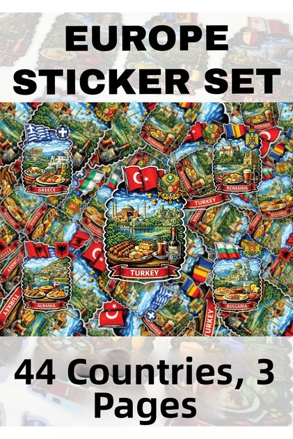 European Countries Hologram Sticker Set 44 Countries – Cultural Icons & Flags Themed 3 Sheets