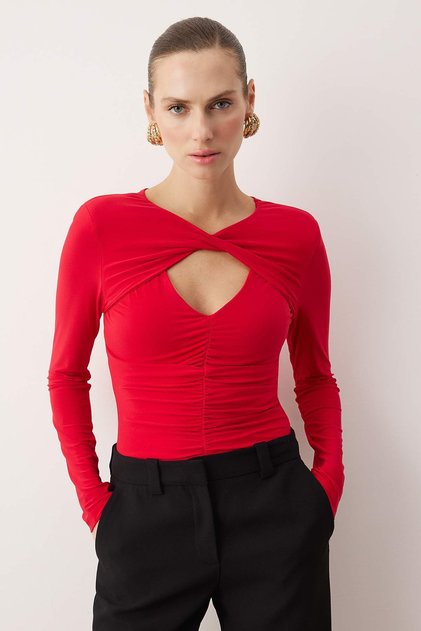 Kırmızı Cut Out/Pencere Detaylı Örme Body TPRAW24BD00000