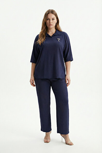 Casual Patch Shirt Collar Wide Trousers Suit with Brooch Accessories