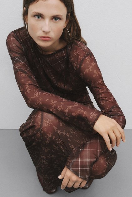 Plaid Floral Pattern Mesh Dress (Please Message Your Choice of Lining)