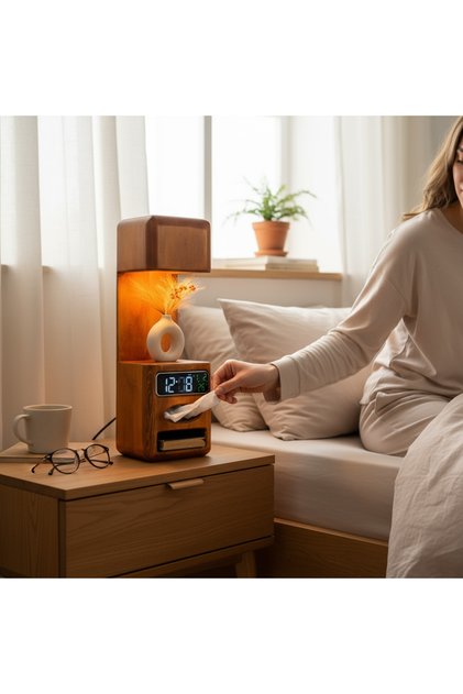Modern Wooden Bedside Lamp with Clock & Tissue Holder