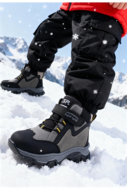 Polarkid Junior Children's Boots Black Color Waterproof Non-Slip Sole Boys' Winter Boots