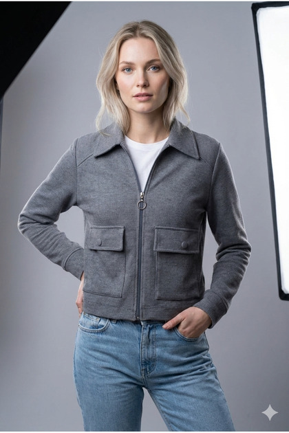 Lopez Women's Ottoman Pattern Pocket Detailed Zippered Short Coat & Jacket & Overcoat - Smoked