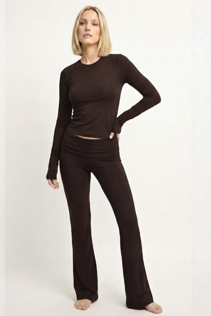 Kadın Bisiklet Yaka Basic Ultra Soft %100 Pamuk Uzun Kol Body - Kahve 5