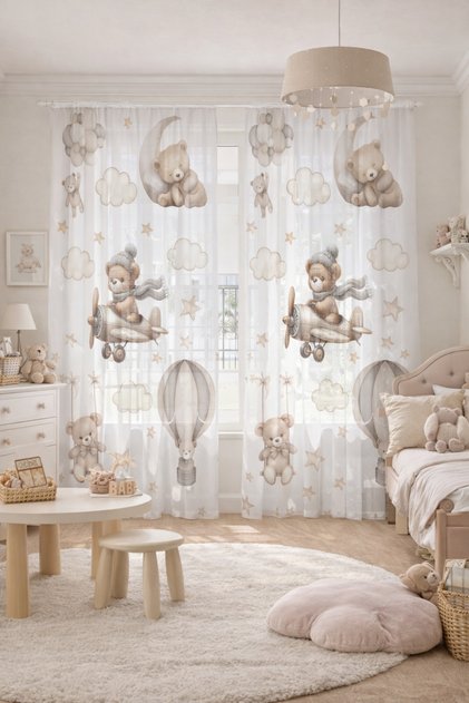 Children's Room Tulle Curtain with Teddy Bear and Balloons