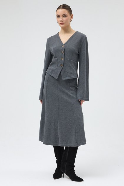 Anthracite Pocketed Buttoned Cardigan and Long Skirt Set 3109A