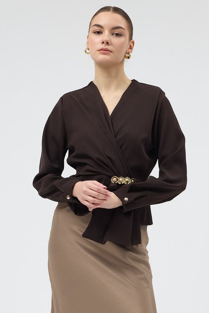Блуза с дълги ръкави и каишка с камък Bitter Coffee Cross-Over Collar Stone Buckle Detailed Long-Sleeved Women's Blouse 251279