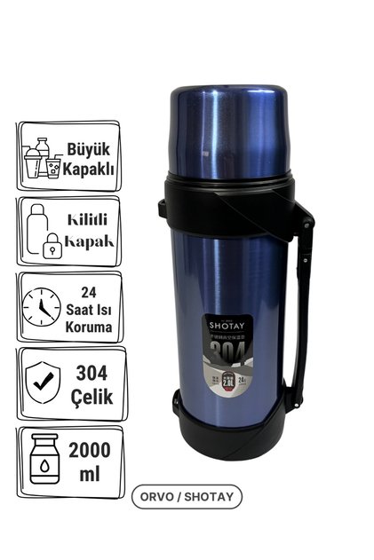 2 L Çelik Termos | 304 Paslanmaz, Vakumlu, Sızdırmaz, Sıcak-Soğuk Koruma - MAVİ
