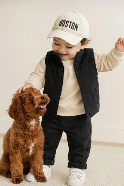 Casual Stylish Jeans for Little Boys Y Vest Set 4-Piece Set - Sweatshirt, Pants and Boston Hat