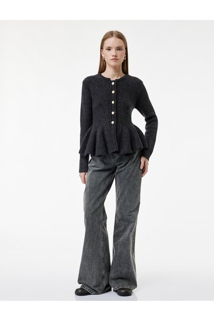 Long Sleeve Crew Neck Button Detailed Knitwear Peplum Cardigan