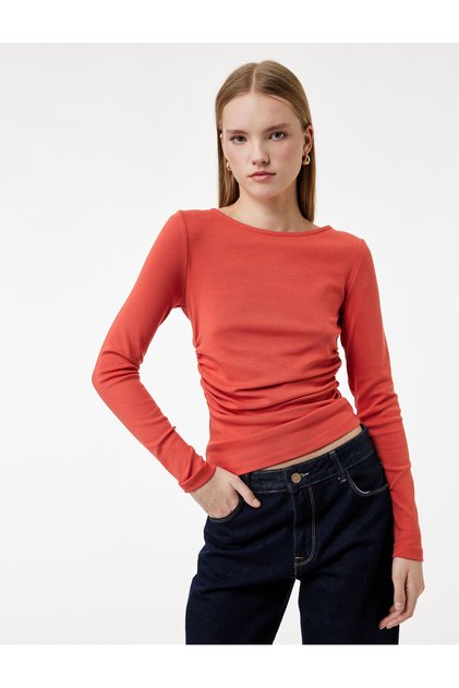 Cotton Slim Fit Boat Neck Draped Long Sleeve T-Shirt