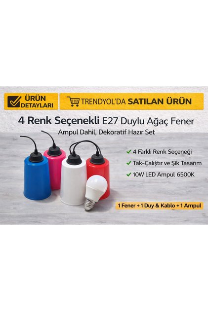 BEYAZ RENK E27 DUYLU Ağaç Feneri ( 1 (Fener) + 1 (Duy + Kablo) + 1 (10W Led-Ampul 6500K)