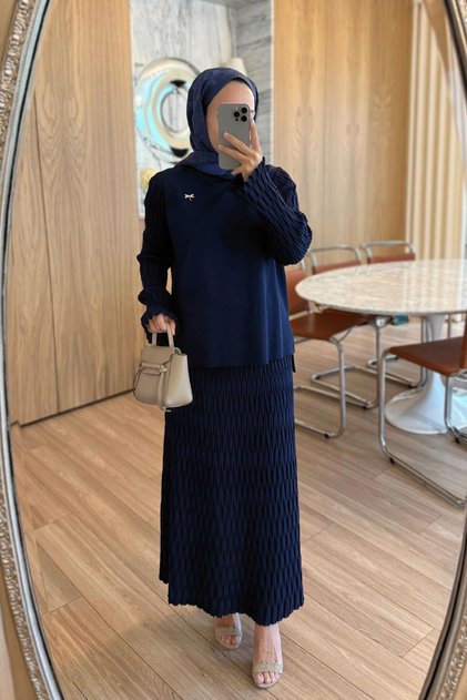Lady Mercerized Hijab Suit with Skirt - Navy Blue