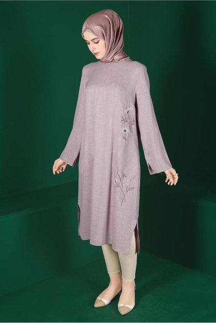 Flower Embroidered Pocketed Tunic 42834
