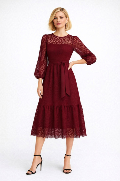 UNTIMELY Belted & Hem Ruffle Detail Midi Length Drawstring Lace Dress-  Trendyol