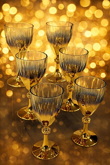 Lüks Gold Ayaklı Bardak - Premium Gold Ayaklı Kadeh - Özel Kesim Cam Kadeh Seti - 245 ml