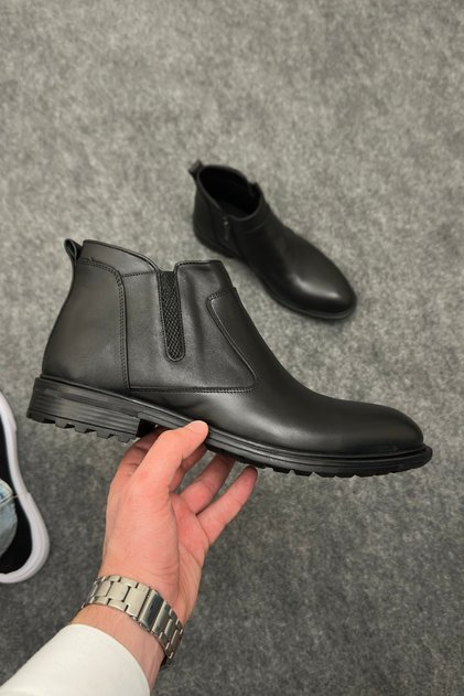 Black Boots Without Laces and with Zipper Leather Men's