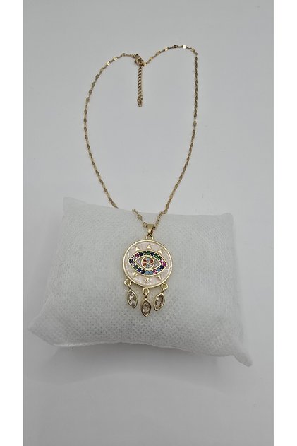 Stainless Steel Gold Color Eye Themed Zircon Stone Necklace