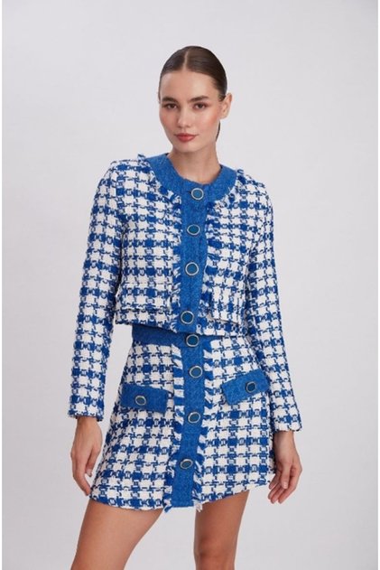 Women's Tweed Fabric Round Neck Short Jacket and Mini Skirt Set Sax