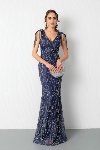 slim fit dress slacks Dark blue satin sequin long prom dress dark blue evening dress – dresstby main image 1