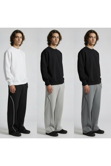 Pachet de 3 pantaloni de sport largi pentru bărbați, cu vipușcă cu 2 șnururi, model confortabil, cu picioare largi