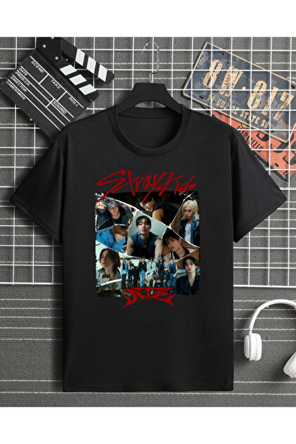 barsdepo Stray Kids Baskılı Tişört, Oversize Unisex Siyah Tişört