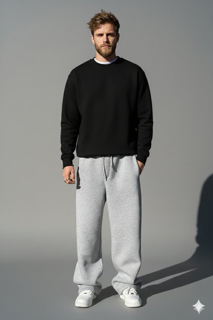 Crew Neck Baggy Tracksuit Set | Winter Thick 3-Thread Brushed Inside Wide-Leg Sweatpants Top and Bottom Set