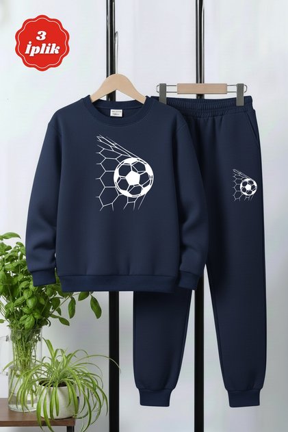 3-Ply Thick Round Neck Football Mesh Print Detail Winter Boys Tracksuit Set