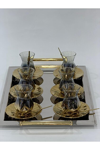 Lüks Gold Tepsili Çay Seti - Modern Çay Takımı - Tepsi ve 6 Adet Bardak - Tabak - Kaşık - 165ml