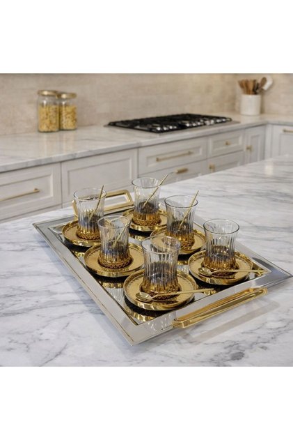 Lüks Gold Tepsili Çay Seti - Modern Çay Takımı - Tepsi ve 6 Adet Bardak - Tabak - Kaşık - 170ml