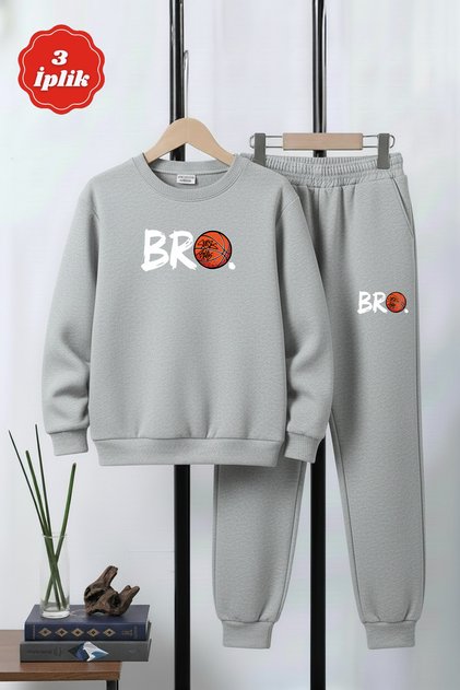 3-Ply Thick Round Neck Bro Basketball Print Detail Winter Boys' Tracksuit Set