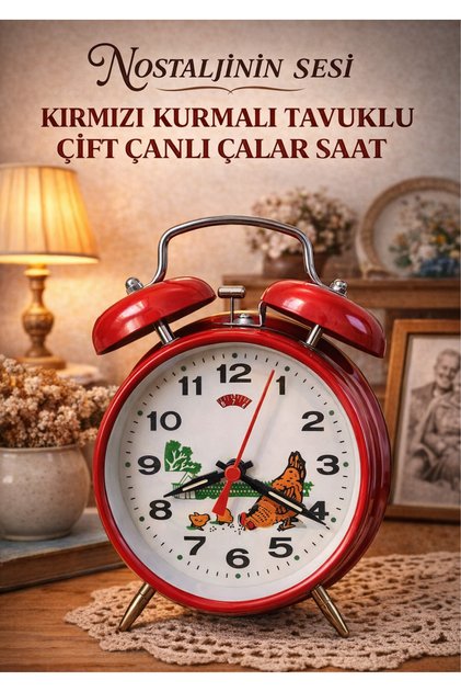 KIRMIZI NOSTALJİK KURMALI TAVUKLU ÇİFT ÇANLI ÇALAR METAL MASA SAATİ