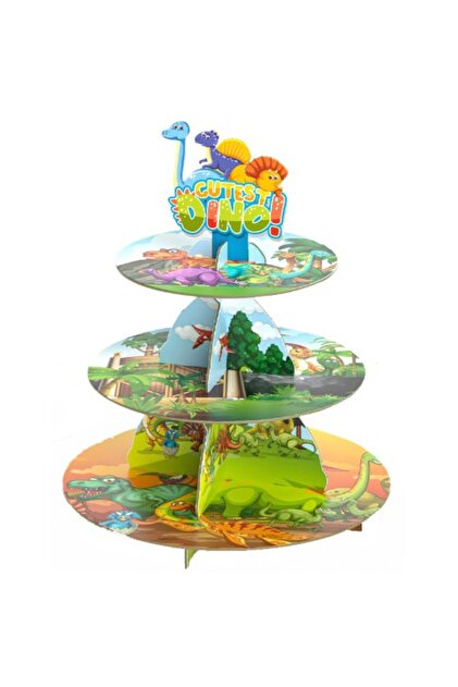 Suport tort dinozaur cu 3 niveluri, din carton, multicolor